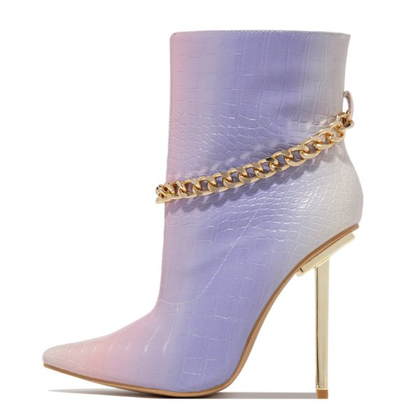 NEW🔥Embossed Multi-Color Pointy Toe Ankle Booties Boot Gold Chain Stiletto Heel - Picture 3 of 7